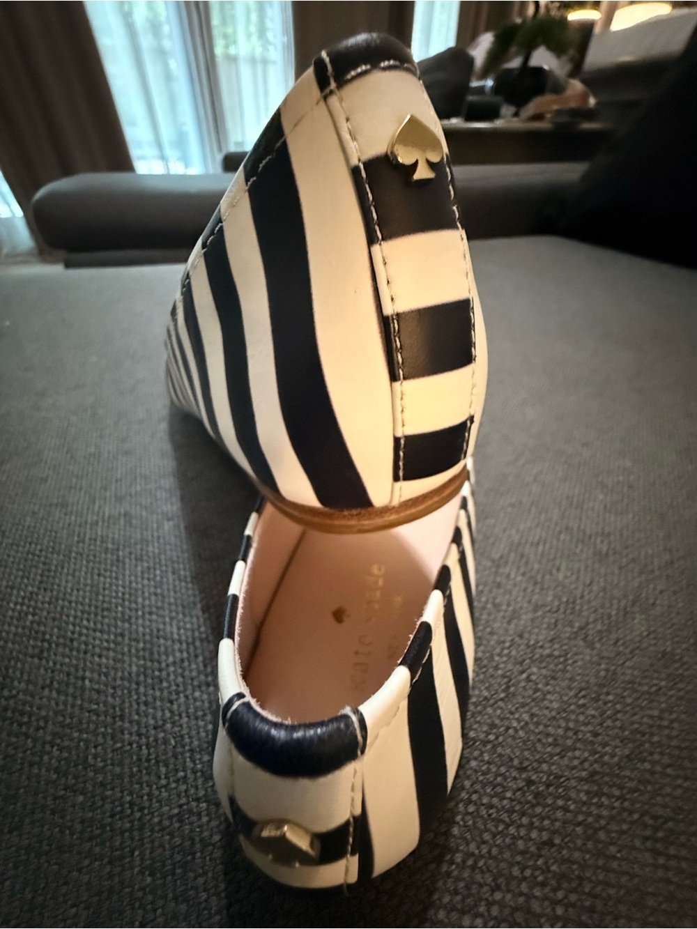 kate spade Black & White Striped Ballet Flats with Red Crystal Heart - Picture 3 of 5